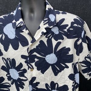 Folk Clothing Camp Hawaiian Floral Daisy Seersucker Botton Up Shirt‎ Cotton XL